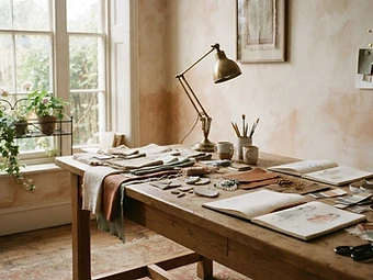 The Malu & Malu studio with fabric swatches and sketches