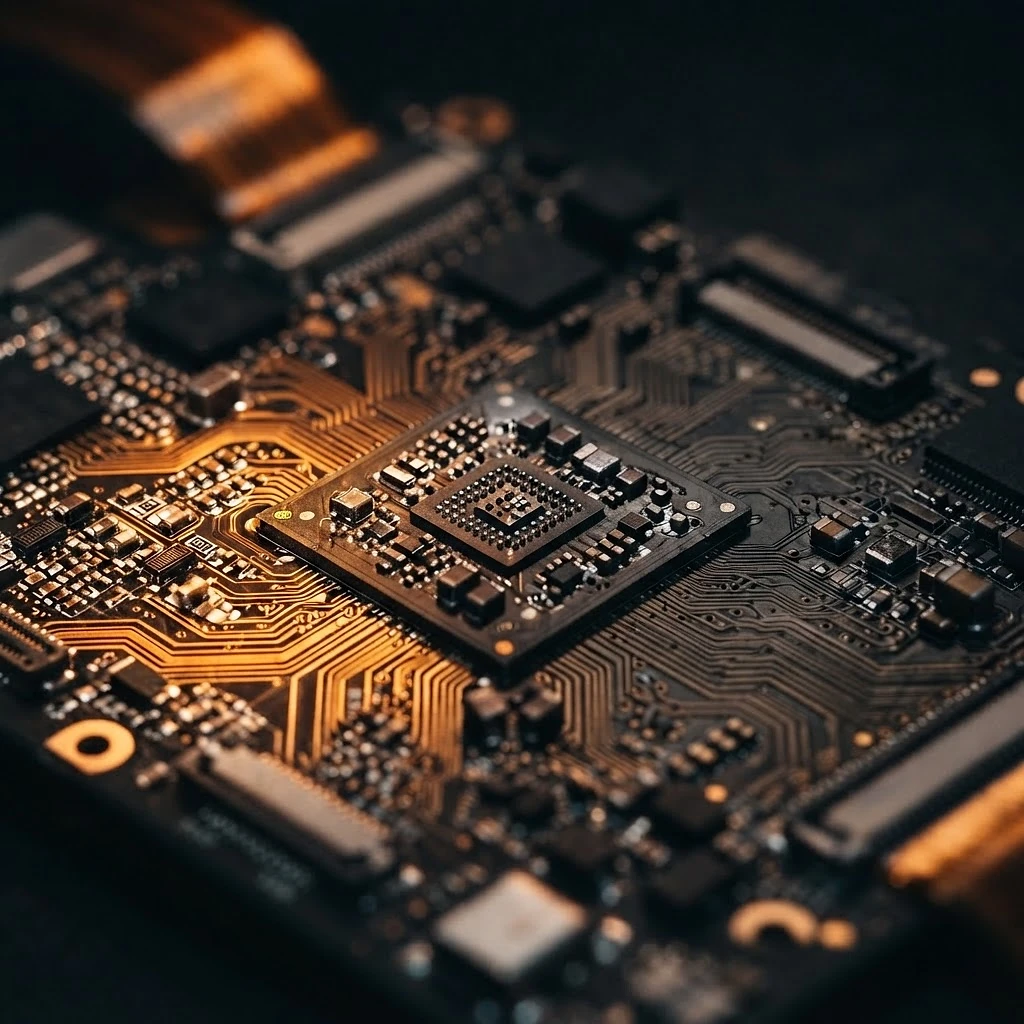Macro view of a smartphone motherboard under warm surgical light