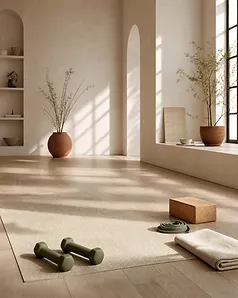 Movement mat, hand weights, block, and resistance band in a calm studio