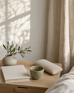 Recovery journal, herbal tea, linen eye pillow, and olive leaves