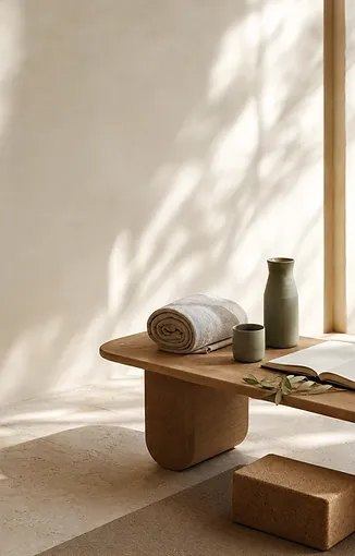 Sunlit wellness studio with journal and ceramic water set