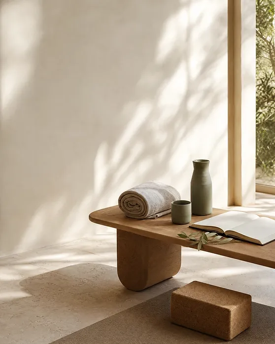 Wellness journal, ceramic water set, linen, and movement objects in a sunlit studio