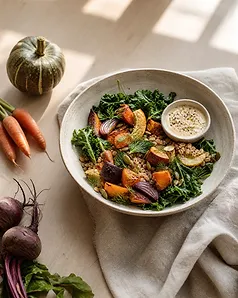 A nourishing grain bowl and seasonal ingredients in natural light