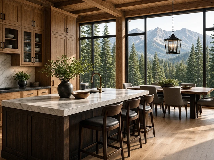 A clean, guest-ready mountain kitchen with an island and forest views