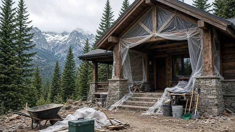 A mountain cabin under construction with plastic sheeting, debris, and tools on site