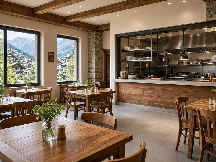 Clean restaurant dining room in Whistler set up before service
