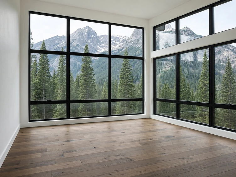 Freshly finished empty room with floor-to-ceiling windows after a final post-construction clean