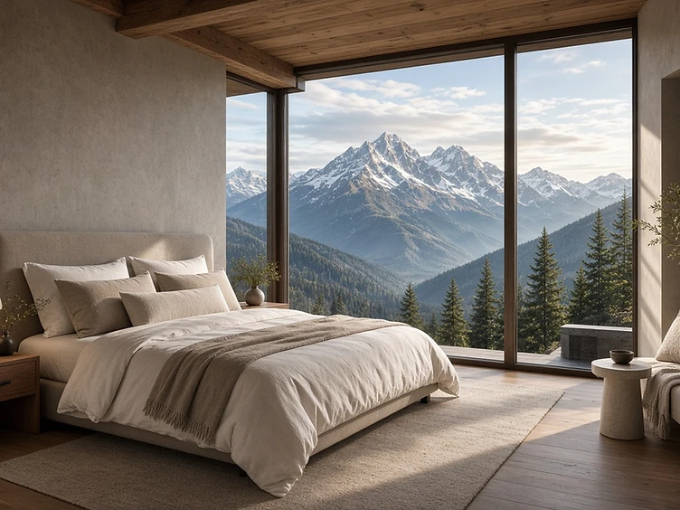 A freshly made bed with crisp linens framing mountain views in a rental bedroom