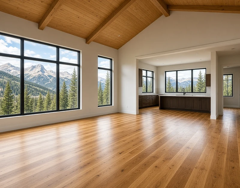 Freshly cleaned mountain home living space with vaulted ceilings and Coast Mountain views
