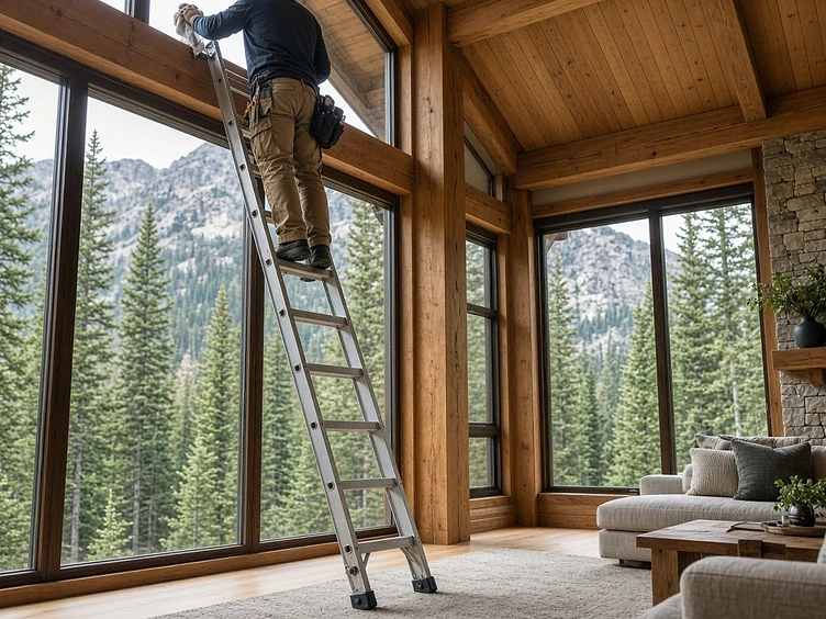 A cleaner on a ladder cleaning high window panes in a finished mountain home