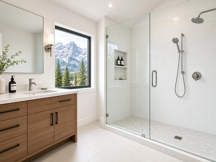 A spotless, streak-free spa-style bathroom with a walk-in shower and mountain views after a turnover clean