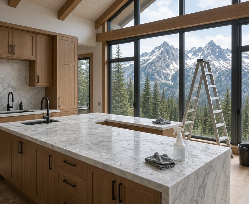 Newly finished luxury kitchen mid post-construction clean with a ladder and cleaning supplies
