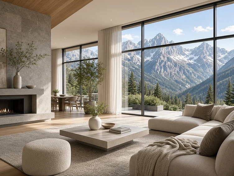 Guest-ready living area of a Whistler short-term rental with mountain views