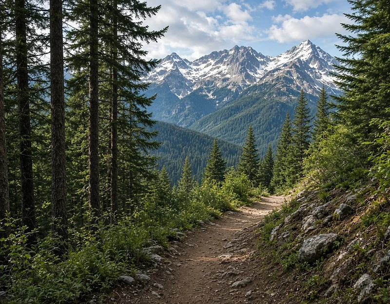 Hiking trail leading toward snow-capped Coast Mountains near Whistler, BC