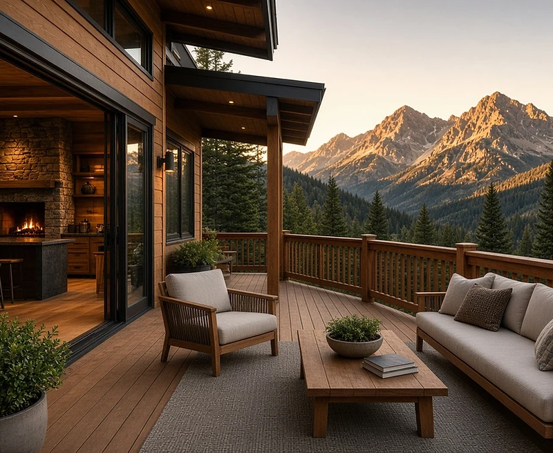 Deck of a Whistler cabin rental overlooking snow-capped mountains at golden hour