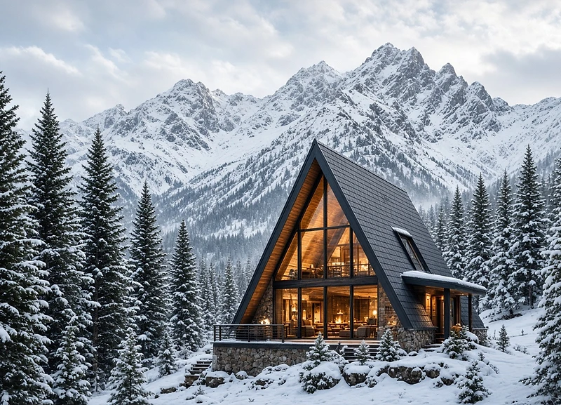 Snow-covered A-frame cabin glowing in a winter forest near Whistler, BC