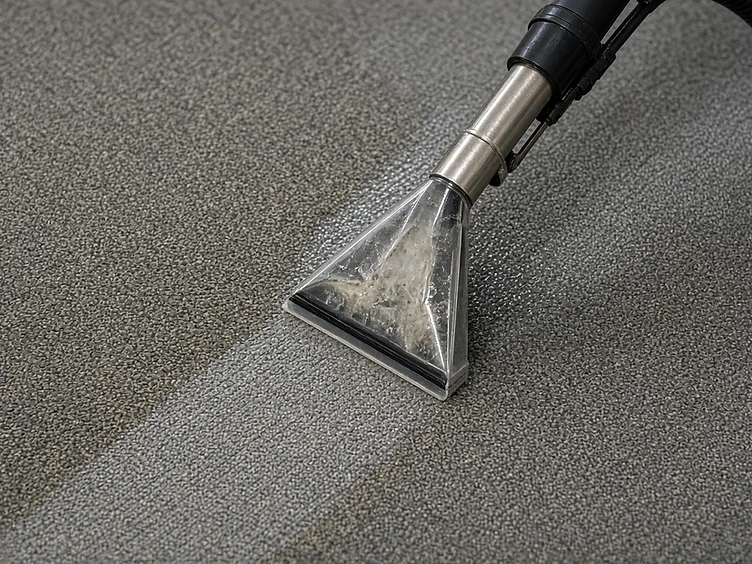 Carpet extraction tool pulling a clean path through soiled carpet