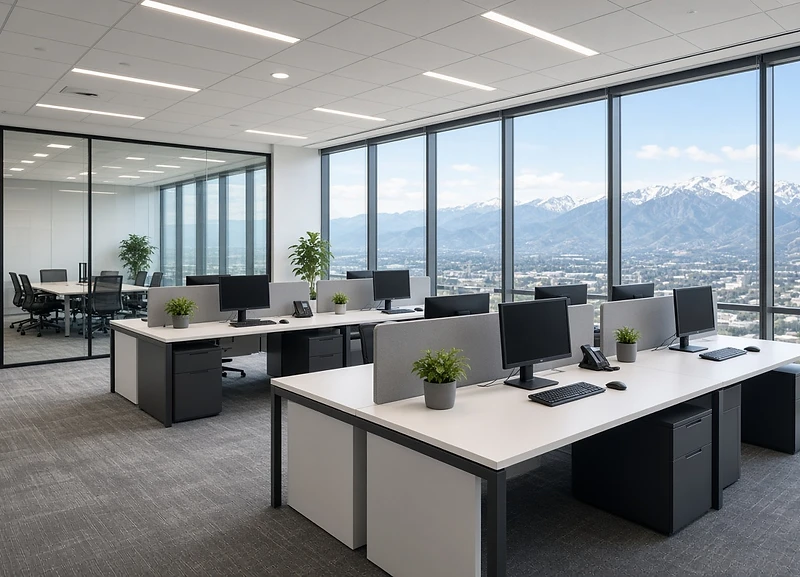 Clean modern office workspace in Whistler with mountain views