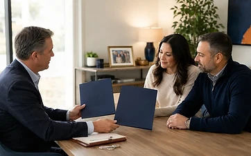 Independent insurance advisor helping a couple compare two life insurance coverage paths