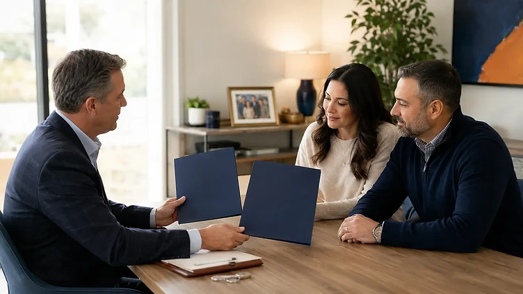 Independent insurance advisor helping a couple compare two life insurance coverage paths