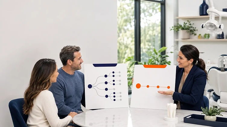 Dental patient and professionals comparing broad-network and coordinated-network plan paths
