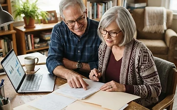 An American couple in their late 60s sitting side by side at a home office desk reviewing paperwork together, reading glasses, warm natural daylight