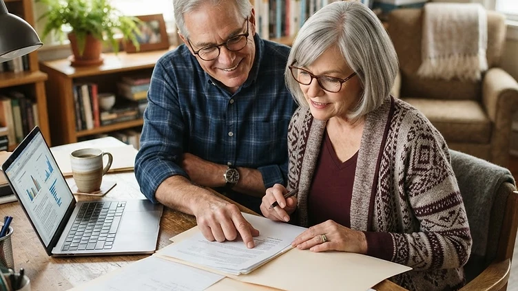 An American couple in their late 60s sitting side by side at a home office desk reviewing paperwork together, reading glasses, warm natural daylight