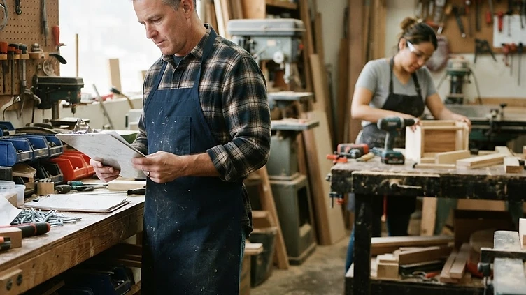 A small-business owner in a workshop reviewing paperwork on a clipboard while an employee works at a bench in the background in natural daylight