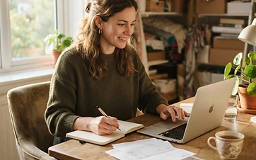 A woman in her 30s in a small home studio working at a desk with a laptop and a stack of paper invoices in warm afternoon light