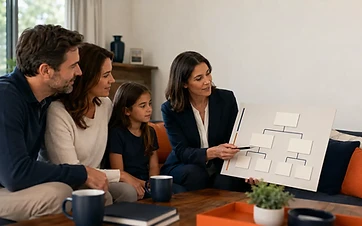 Family and insurance educator reviewing a primary and contingent beneficiary diagram