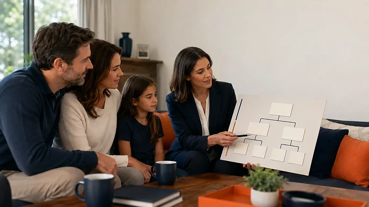 Family and insurance educator reviewing a primary and contingent beneficiary diagram