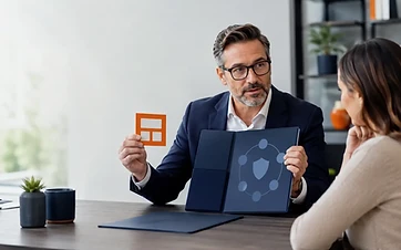 Insurance educator comparing a fixed-benefit card with a major medical coverage folder