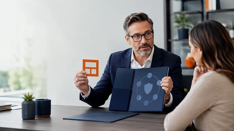 Insurance educator comparing a fixed-benefit card with a major medical coverage folder