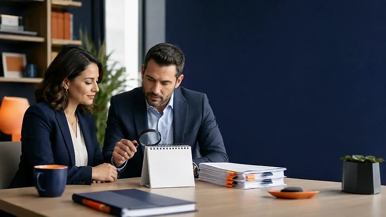 Customer and insurance educator reviewing a temporary calendar and coverage limitations