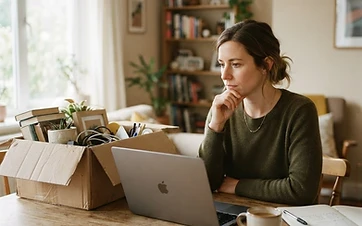 A person in their 30s at a home dining table with a laptop and a cardboard box of desk items in morning light
