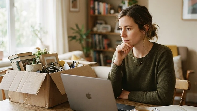 A person in their 30s at a home dining table with a laptop and a cardboard box of desk items in morning light