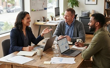 Three colleagues at a small conference table in a bright American small-business office with laptops and papers