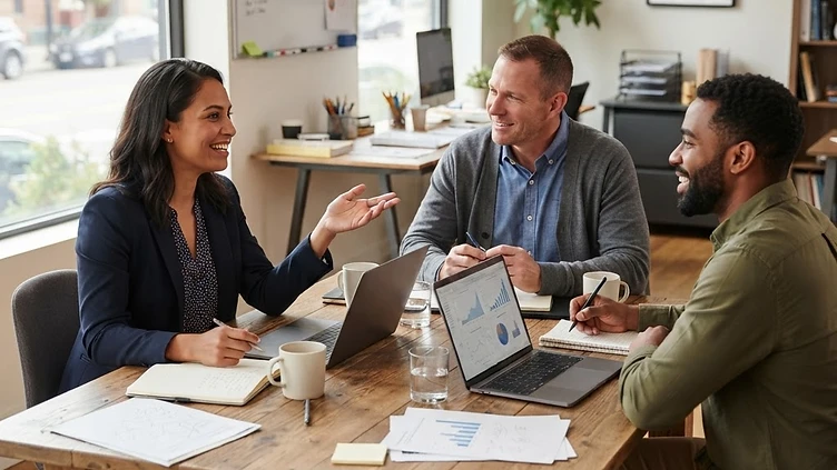 Three colleagues at a small conference table in a bright American small-business office with laptops and papers