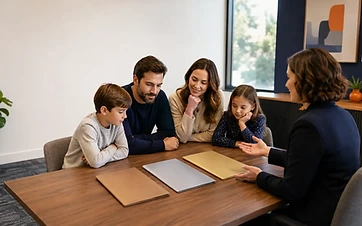 Family comparing equally presented bronze, silver, and gold ACA plan-category folders