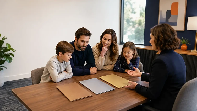 Family comparing equally presented bronze, silver, and gold ACA plan-category folders