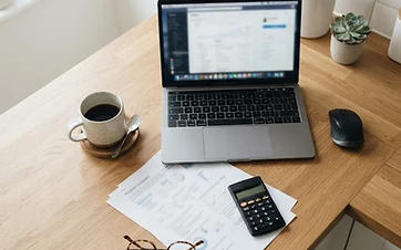 An overhead view of a kitchen counter with an open laptop, coffee, calculator, eyeglasses, and printed papers in natural daylight