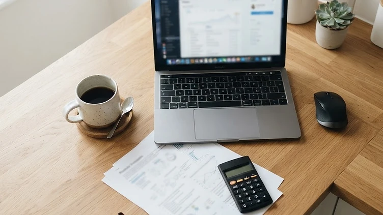 An overhead view of a kitchen counter with an open laptop, coffee, calculator, eyeglasses, and printed papers in natural daylight