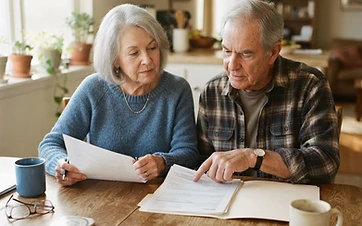 An older American couple reviewing final expense paperwork together at their kitchen table in warm morning light