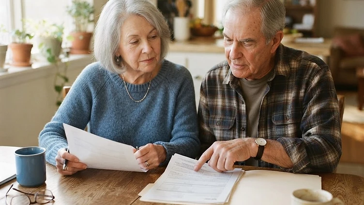 An older American couple reviewing final expense paperwork together at their kitchen table in warm morning light