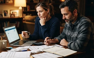 An American couple in their early 40s at a dining table at night with a laptop and paperwork under warm lamp light