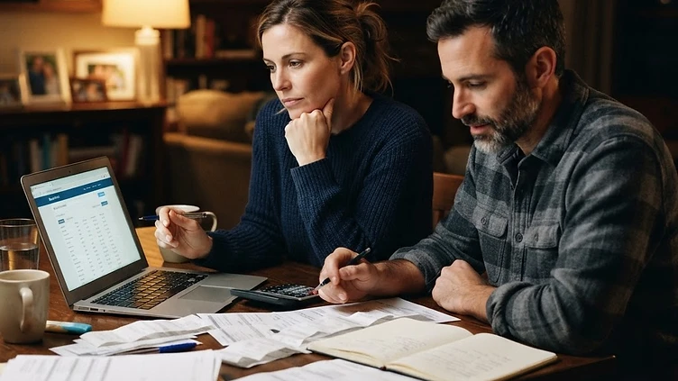 An American couple in their early 40s at a dining table at night with a laptop and paperwork under warm lamp light
