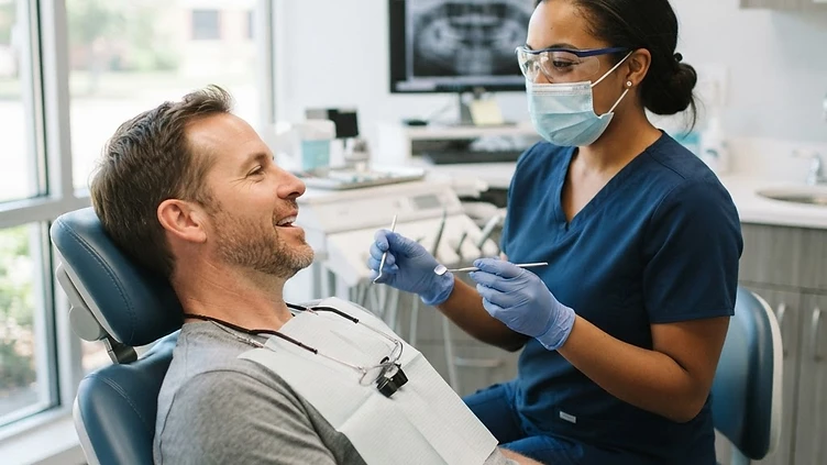 An American man in his mid-40s in a dental chair talking with a dental hygienist before treatment in a bright modern US dental office