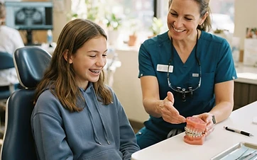 A smiling teenager around 14 in a consultation chair at a bright American orthodontic clinic while a friendly orthodontist gestures at a dental model