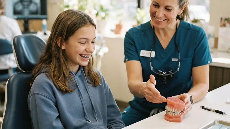 A smiling teenager around 14 in a consultation chair at a bright American orthodontic clinic while a friendly orthodontist gestures at a dental model