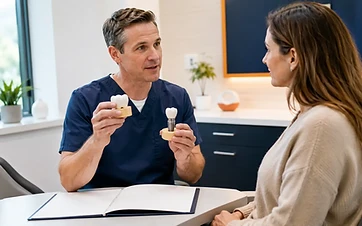Dentist explaining crown and implant models to a patient during a coverage discussion